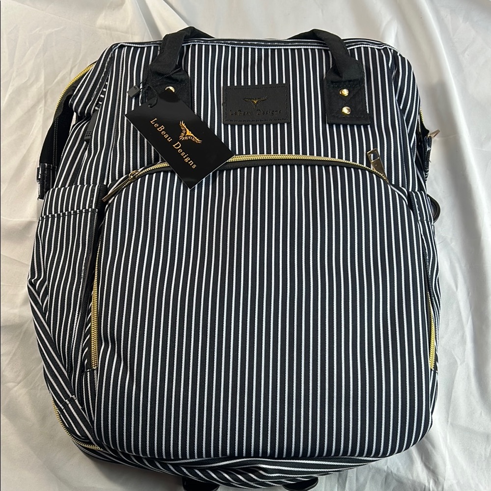 LeBeau Designs Black and White Striped Baby Diaper Bag Backpack